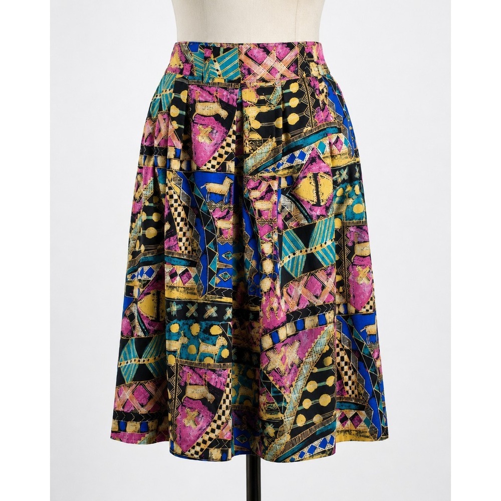 Vintage BonWorth Skirt Womens L Abstract Geometric Tribal Print Pleated Midi USA